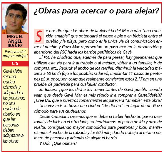Article d'opini del regidor de C's a l'Ajuntament de Gav publicat al peridic municipal de Gav, EL BRUGUERS les obres de millora de l'avinguda del mar (17 de Juliol de 2009)